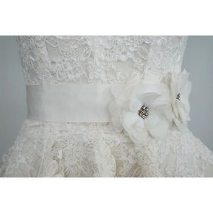 Organza Flowers & Rhinestone on Grosgrain Ribbon Off-White Bridal Sash Wedding